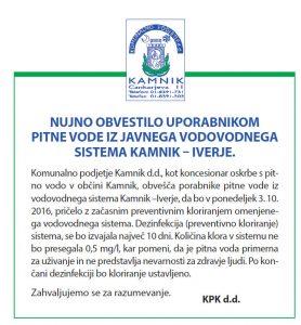 OBVESTILO O KLORIRANJU VODE